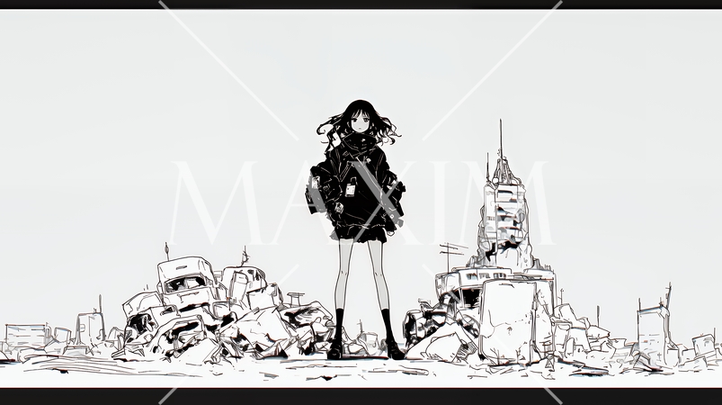 震災や空爆などで破壊された街で孤独に立ちすくむ若い女性（シンプルな色合い）