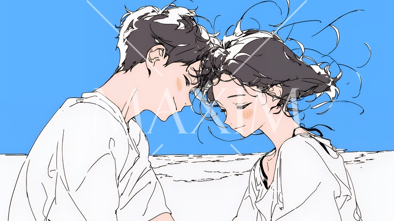 南国の海辺でデートをしているカップル（シンプルな色使い）