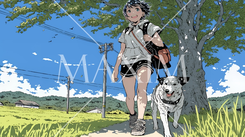 愛犬と散歩している若い女性