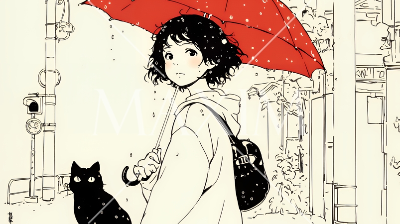 雨の中を歩く女性（シンプルな色使い）