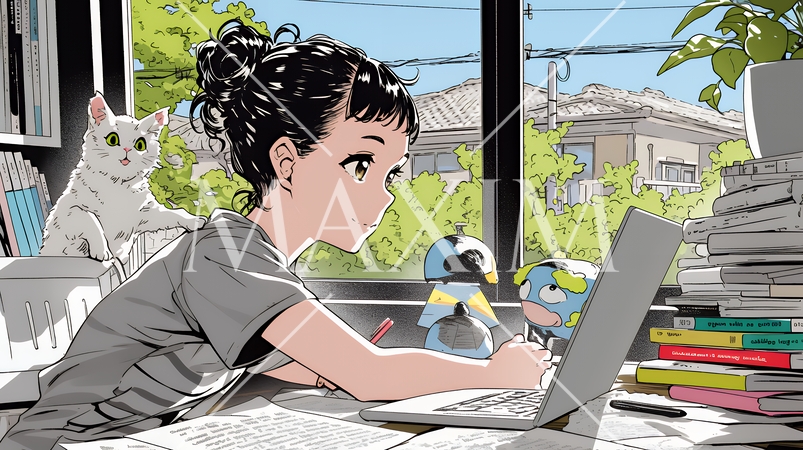 自宅でのリモートワークの場面：ペットのネコと奮闘中