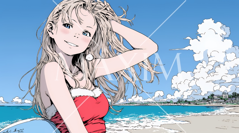 真夏（南半球）のビーチで活動中の女性のサンタクロース