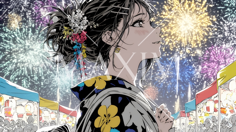 打ち上げ花火を見ている浴衣を着た若い女性