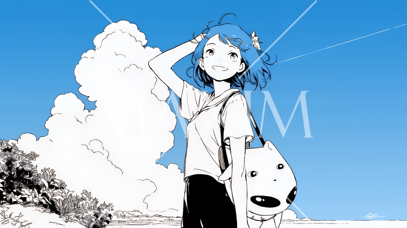 一人旅の若い女性と夏のビーチの風景（シンプルな色使い）