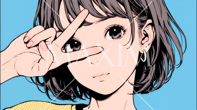 笑顔でピースサインを見せる若い女性