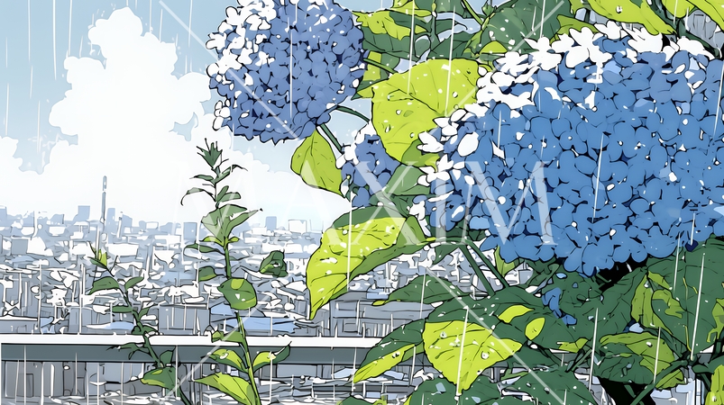 満開のアジサイと梅雨の雨