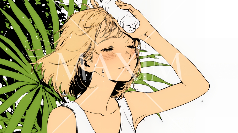 強烈な日差しでヘトヘト状態の女性（シンプルな色使い）