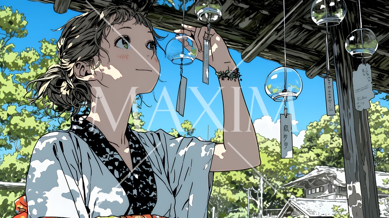 風鈴の音色を聞いている若い女性