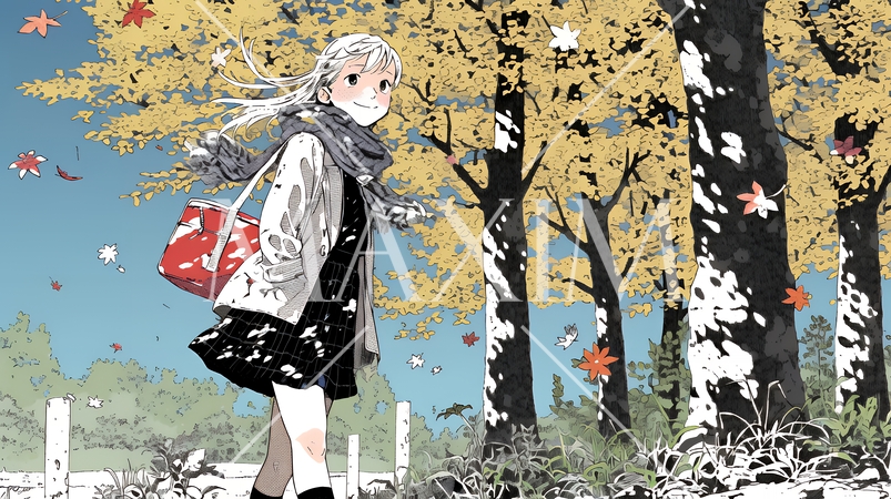 水辺の紅葉の小径を散策している若い女性