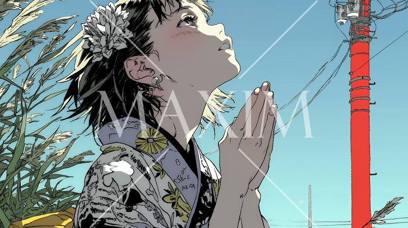 手を合わせてお祈りをしている和服姿の若い女性