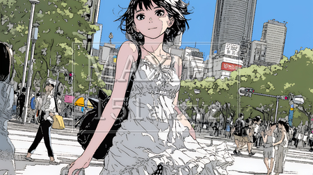 夏の昼下がり、白いドレスを着て街歩きをしている若い女性（イラストID:5072042-18007）