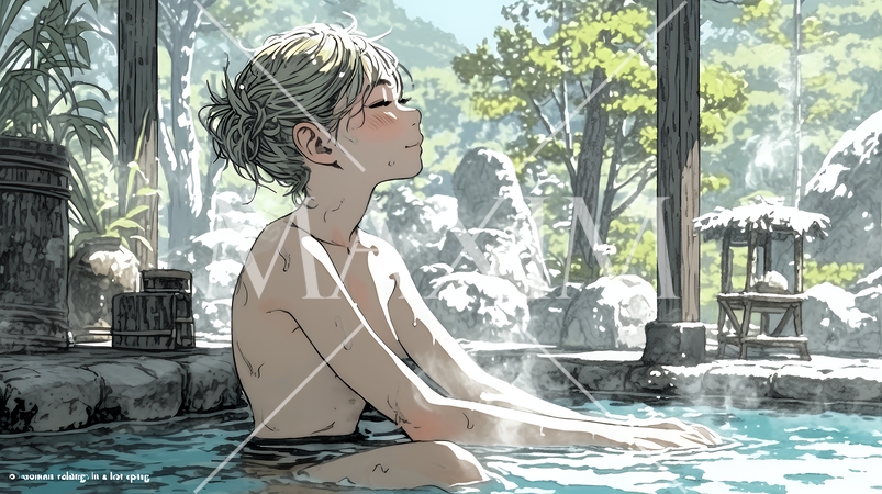 露天風呂に浸かっている若い女性