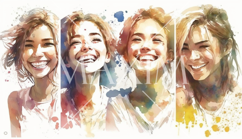 笑顔の若い女性たち：水彩画