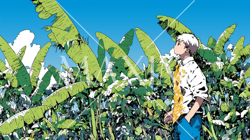 晴れた夏の日、若い男性が沖縄の山を散策中