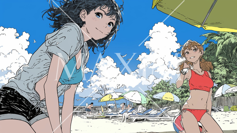 仲の良い友達同士で南国の海岸にビキニ姿でいる若い女性たち