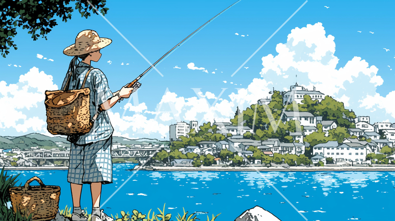 釣りをしている若い女性