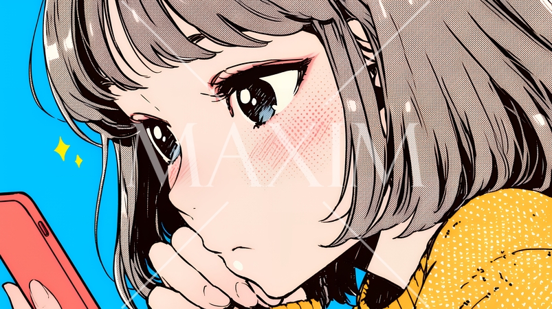 スマホでメールを読みながら唇を噛んでいる神経質な女性。表情には不安が漂っている。