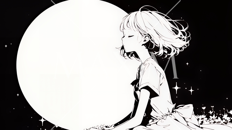 月見をしている若い女性（シンプルな色使い）