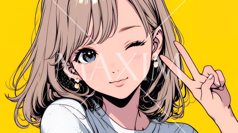 アイドルのように顔の横でピース＋ウィンクしている若い女性