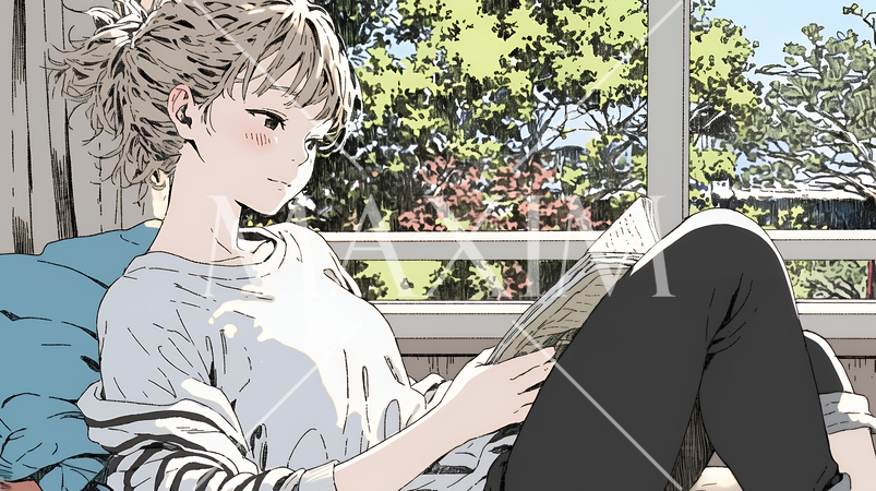 のんびり・ゆったり：窓辺でリラックスして本を読んでいる若い女性
