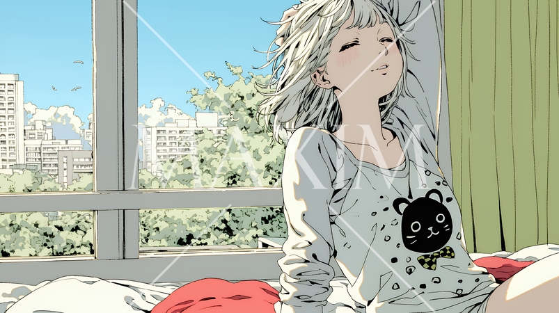 朝の目覚ましを止めて伸びをしている若い女性