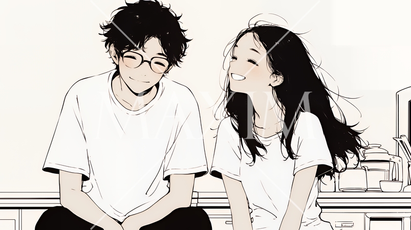 幸せそうなカップル：ダイニングルームて談笑（シンプルな色使い）