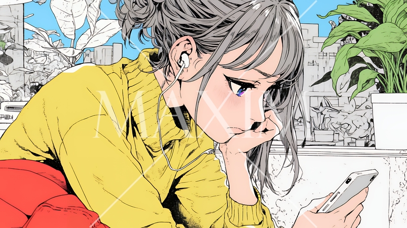 スマホでメールを読みながら唇を噛んでいる神経質な女性。表情には不安が漂っている。