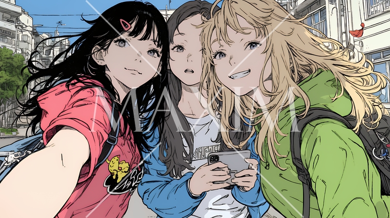 スマホで自撮りしている若い女友達