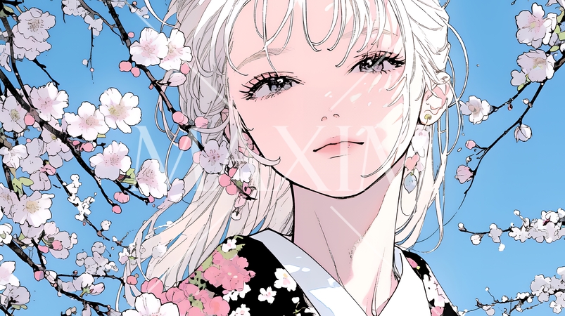 梅花と和服姿の若い女性