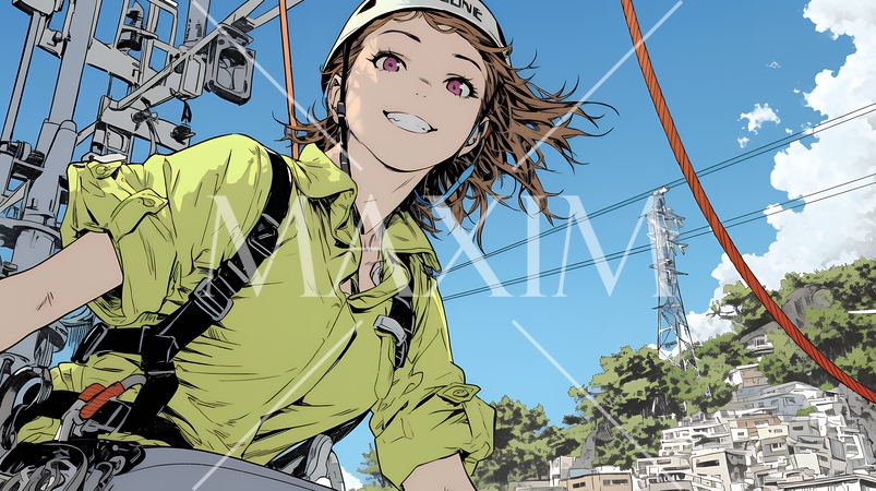 高所で作業をしている女性作業員