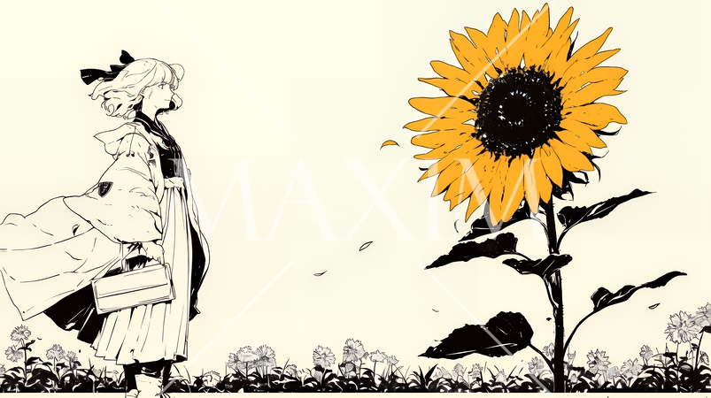 ひまわりと女性（シンプルな色使い）