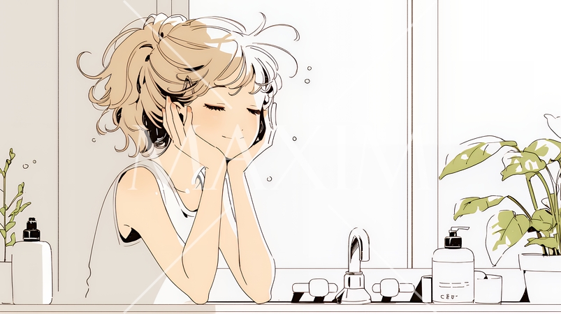 洗面所で朝の洗顔をする女性（シンプルな色使い）