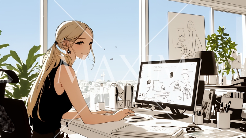 職場のデスクでパソコンに向かって仕事をしているビジネスウーマン（シンプルな色使い）