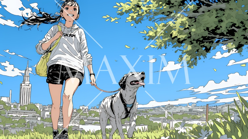 愛犬と散歩している若い女性