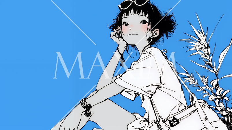 夏休みの思い出：海辺の町への一人旅（シンプルな色使い）