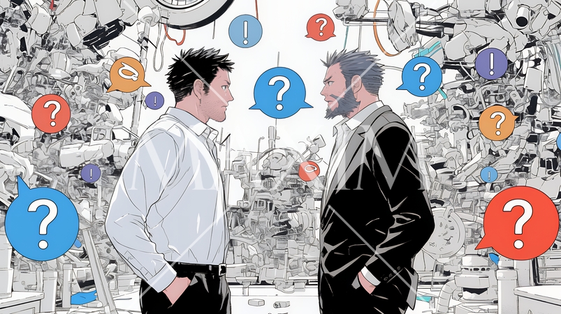互いに相手の意見を十分に理解できないまま対話を続ける二人のビジネスマン