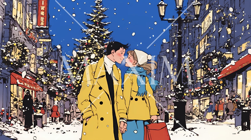 クリスマスイルミネーションの街でデートしているカップル