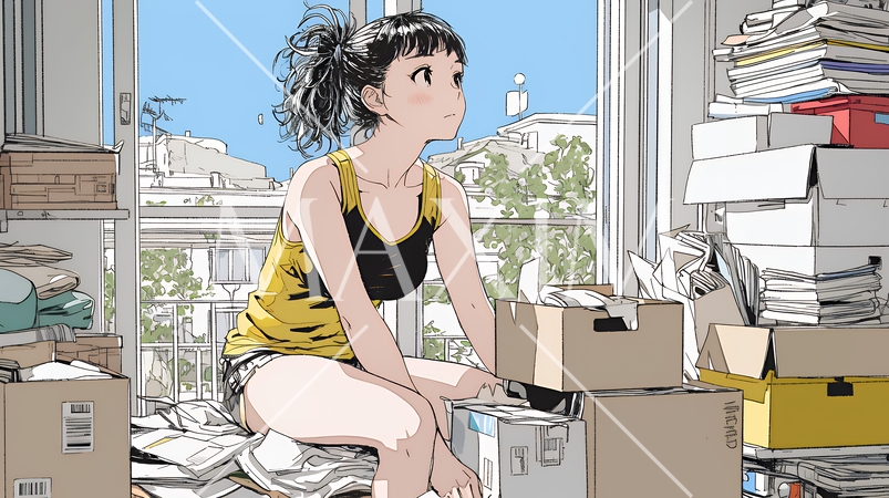 家の中（事務所）を大々的に整理している女性：断捨離