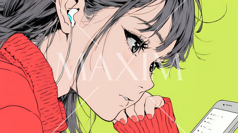 スマホでメールを読みながら唇を噛んでいる神経質な女性。表情には不安が漂っている。