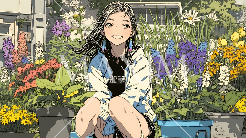 満開の春の花々と若い女性