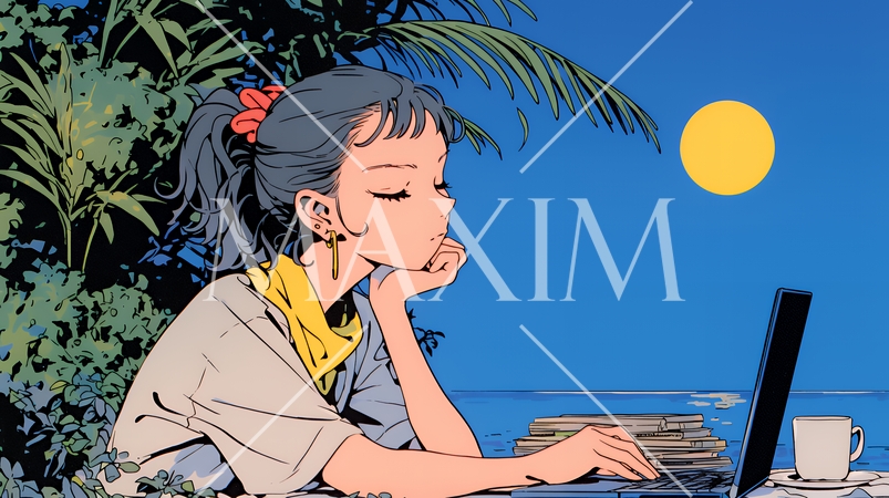 ワーケーション：休暇を楽しみながら仕事をしている女性