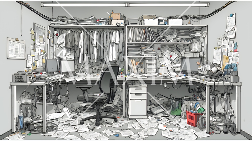 足の踏み場もないような散らかった仕事場