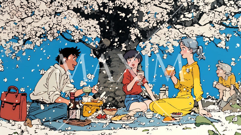 満開の桜の下で仲間たちと花見宴会