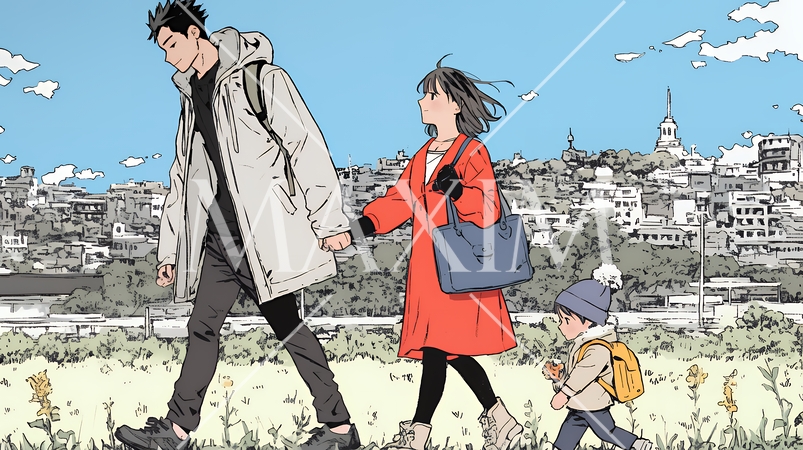 仲の良い家族：父親、母親、その子どもが仲良く連れ立って歩いている