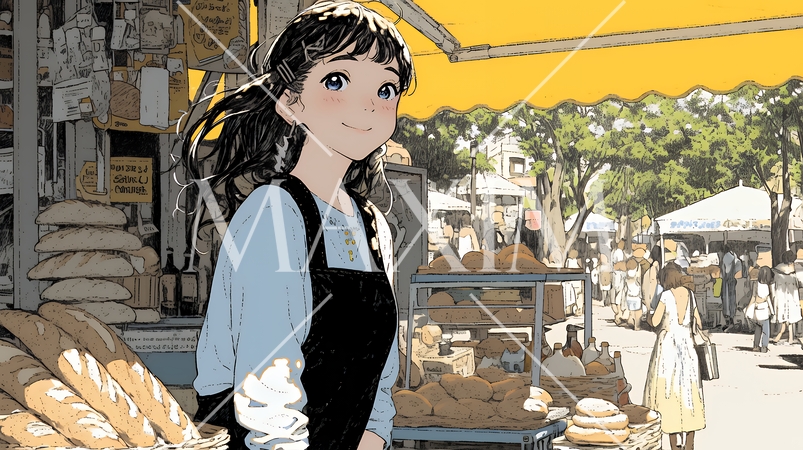 近所のパン屋で焼きたてパンを買う若い女性