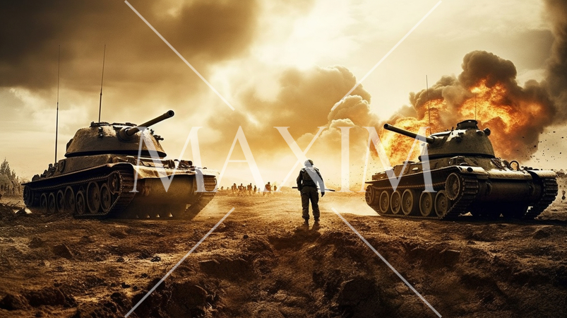 戦争最前線の地上戦部隊：セピア写実的描画