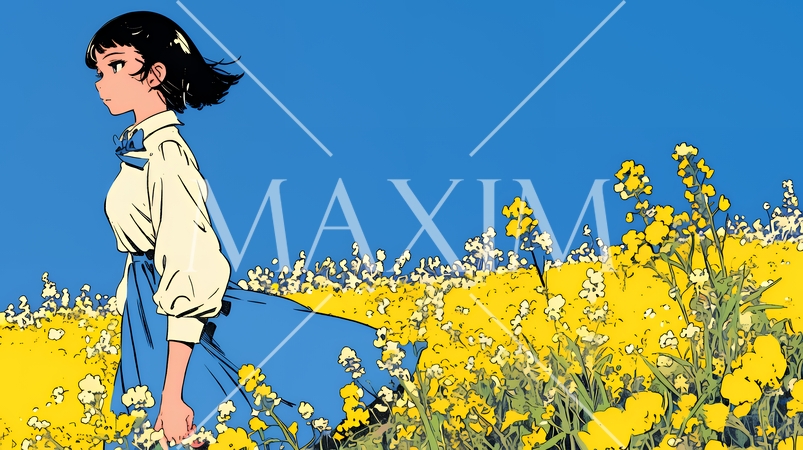 菜の花畑にいる若い女性