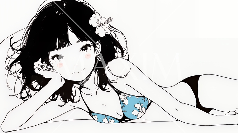 ビキニ姿の若い女性（シンプルな色使い）