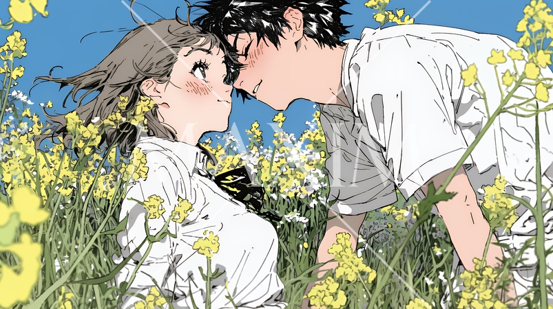 菜の花畑でデートをしている若いカップル