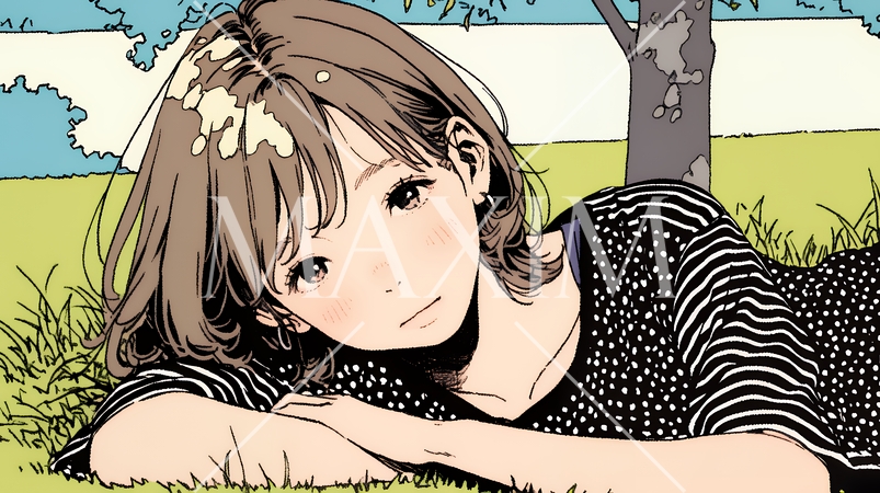 心地よさそうに地面に身を横たえる若い女性